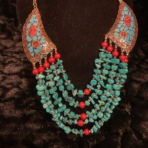 Tanjore Turquoise and red coral statement fashion necklace